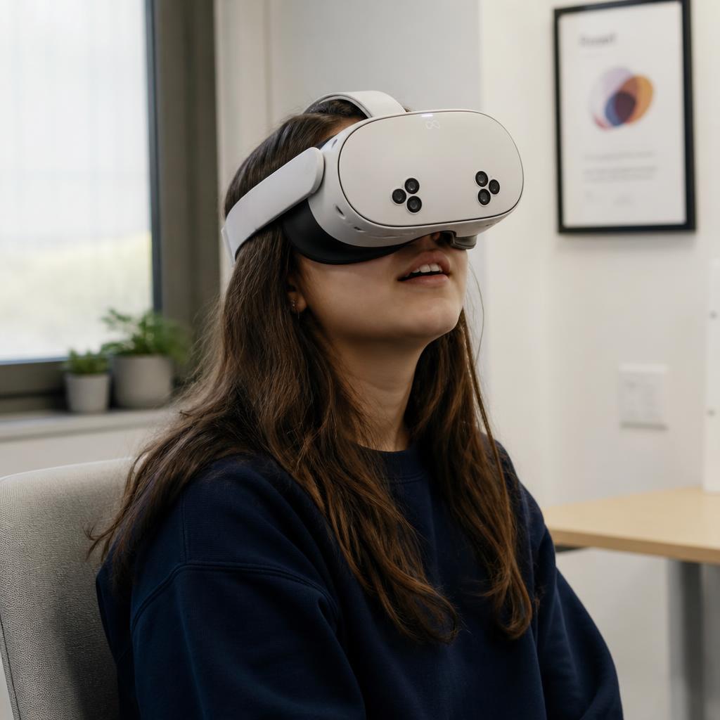 Adolescente utilizando óculos Meta Quest 3S em ambiente clínico