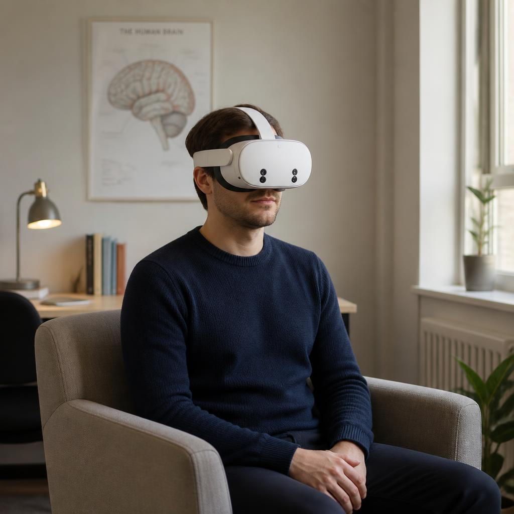 Homem adulto utilizando óculos Meta Quest 3S em ambiente clínico