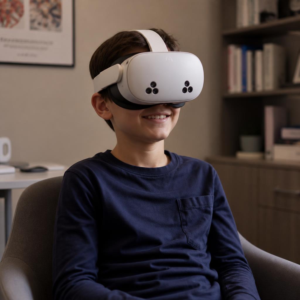 Criança utilizando óculos Meta Quest 3S em ambiente clínico